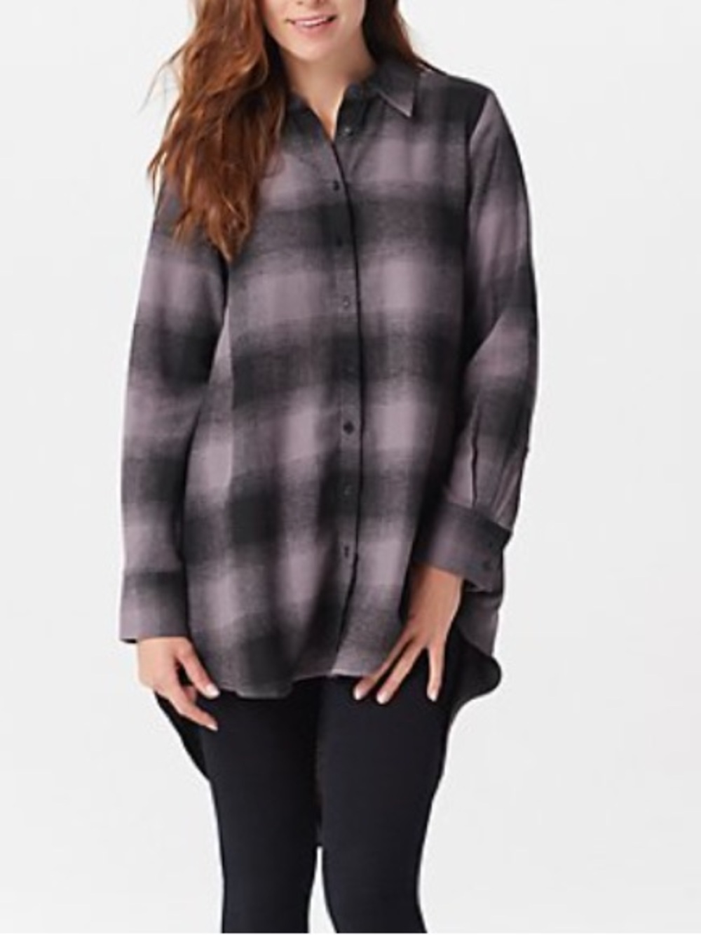 Lisa Rinna Collection Plaid Button Front Hi-Low Hem Top Purple Grey Size L